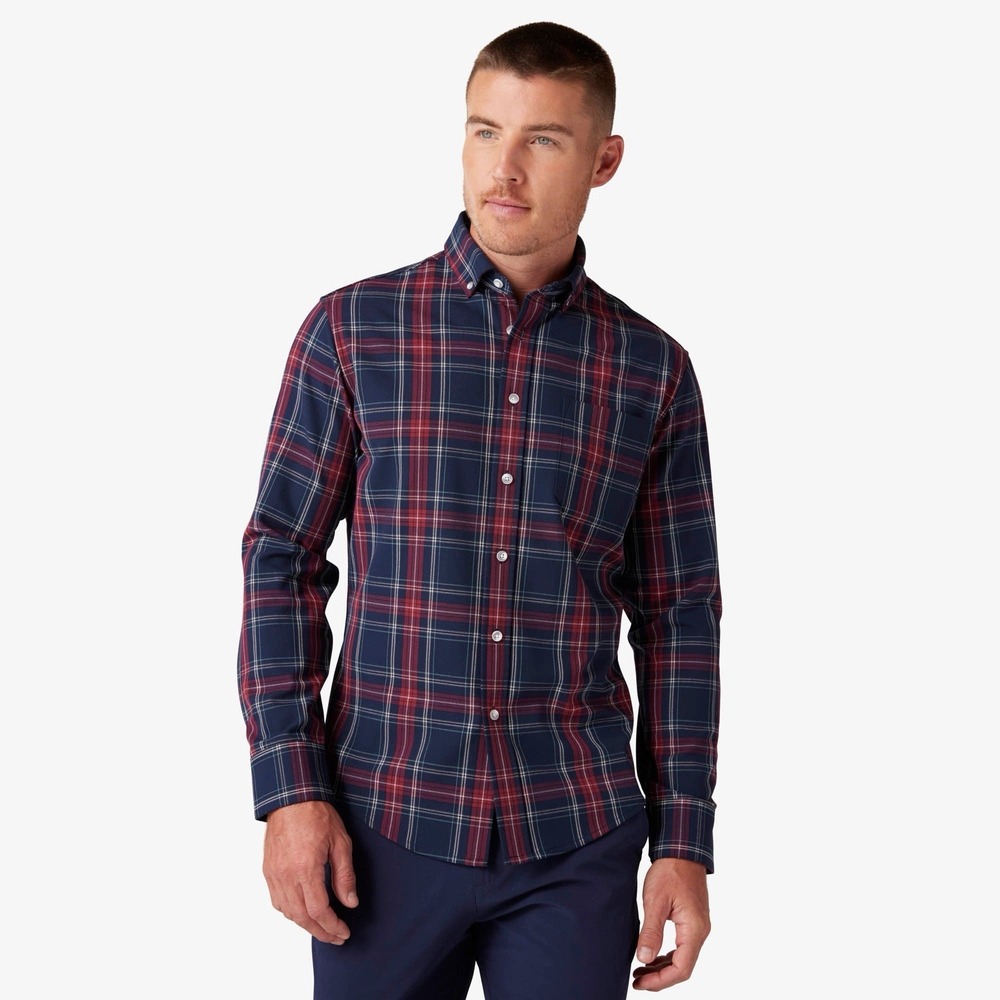 Mizzen + Main Shirt Men's Large Navy Tartan Plaid Leeward Trim Fit
